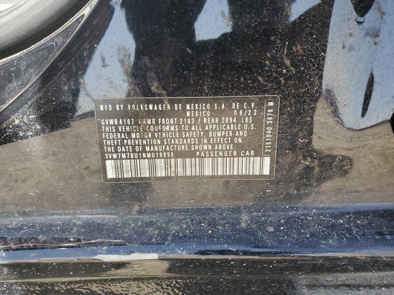 2022 VOLKSWAGEN JETTA SE VIN:3VW7M7BU1NM019895