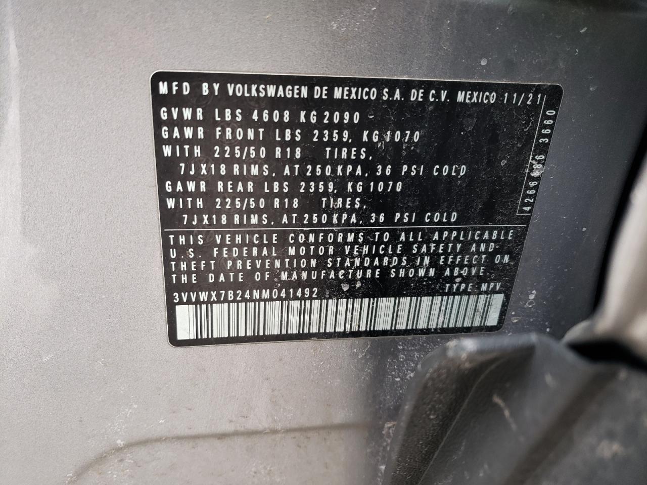 2022 VOLKSWAGEN TAOS SE VIN:3VVWX7B24NM041492