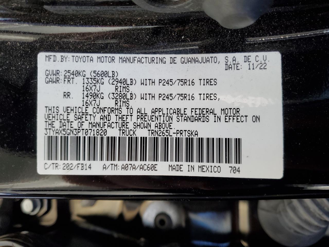 2023 TOYOTA TACOMA DOUBLE CAB VIN:3TYAX5GN3PT071820