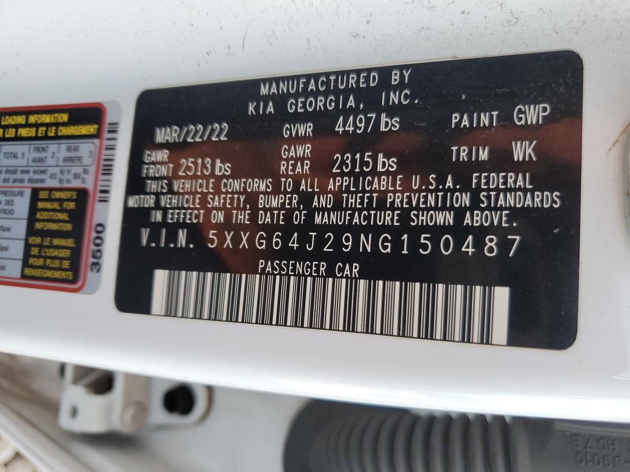 2022 KIA K5 GT LINE VIN:5XXG64J29NG150487