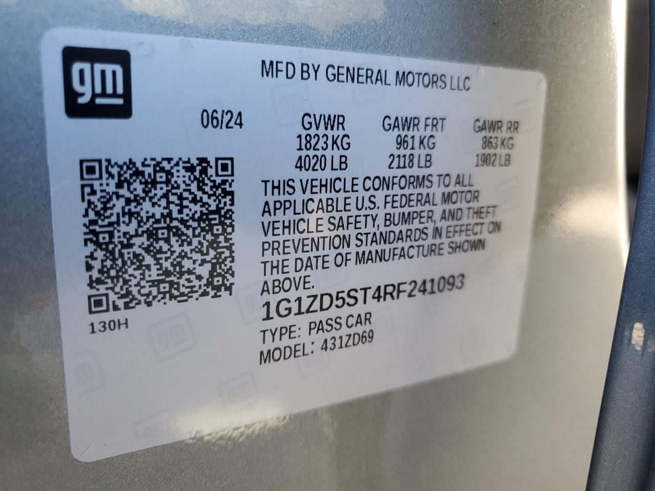 2024 CHEVROLET MALIBU LT VIN:1G1ZD5ST4RF241093