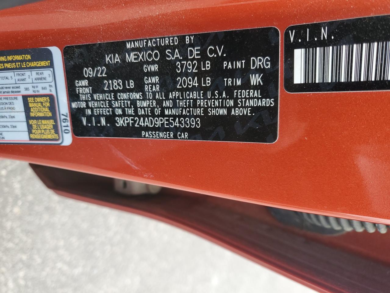 2023 KIA FORTE LX VIN:3KPF24AD9PE543393