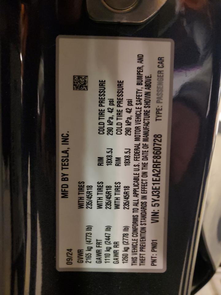 2024 TESLA MODEL 3  VIN:5YJ3E1EA2RF860728