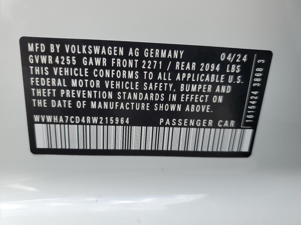 2024 VOLKSWAGEN GTI S VIN:WVWHA7CD4RW215964