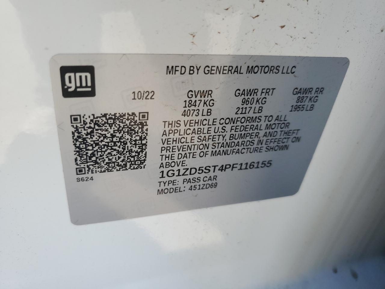 2023 CHEVROLET MALIBU LT VIN:1G1ZD5ST4PF116155