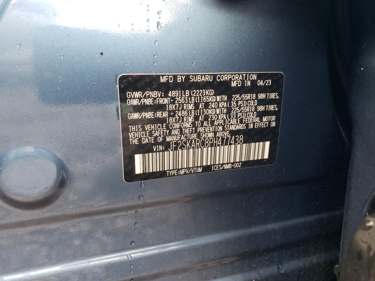 2023 SUBARU FORESTER TOURING VIN:JF2SKARC8PH477438