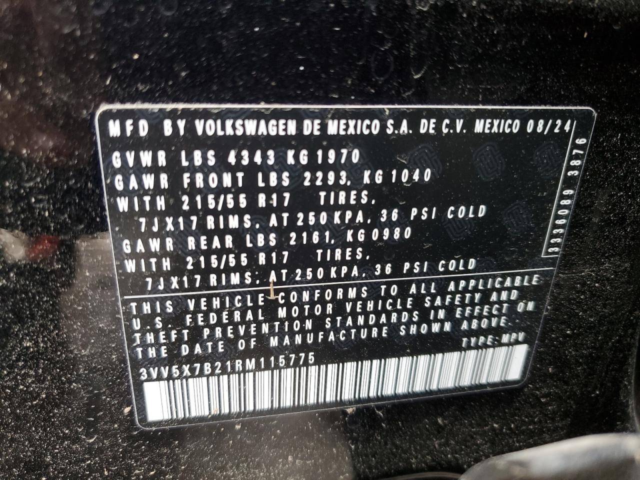 2024 VOLKSWAGEN TAOS S VIN:3VV5X7B21RM115775