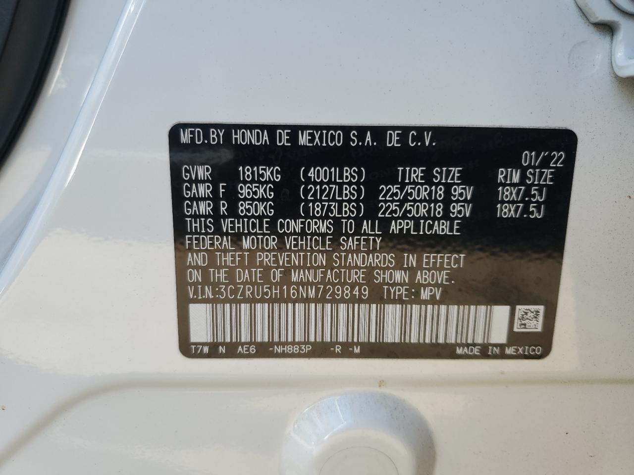 2022 HONDA HR-V SPORT VIN:3CZRU5H16NM729849