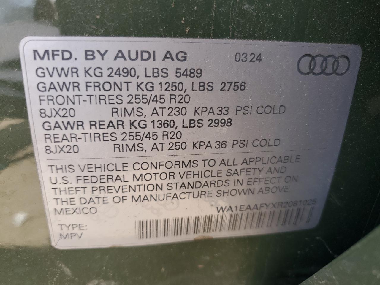 2024 AUDI Q5 PREMIUM PLUS 45 VIN:WA1EAAFYXR2081025