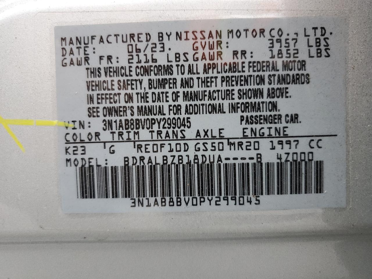 2023 NISSAN SENTRA S VIN:3N1AB8BV0PY299045