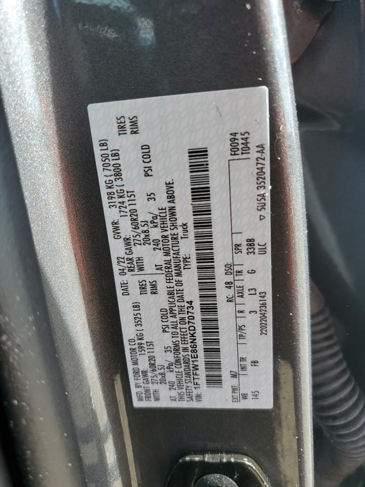 2022 FORD F150 SUPERCREW VIN:1FTFW1E86NKD70734