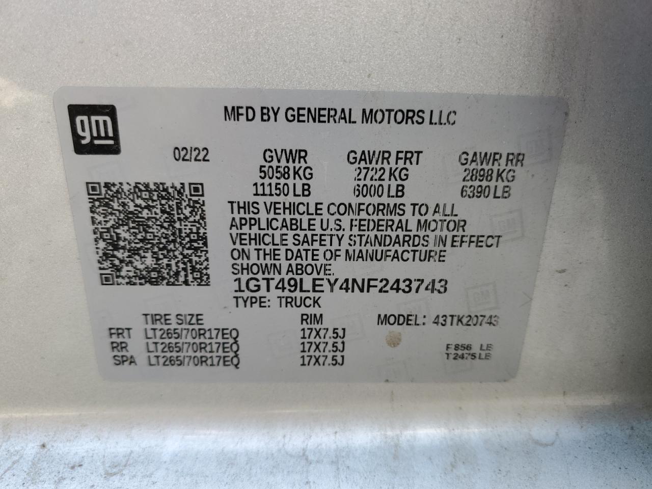 2022 GMC SIERRA K2500 HEAVY DUTY VIN:1GT49LEY4NF243743