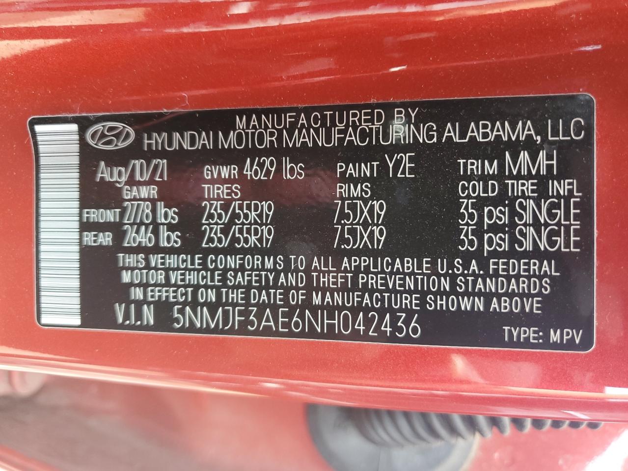 2022 HYUNDAI TUCSON SEL VIN:5NMJF3AE6NH042436