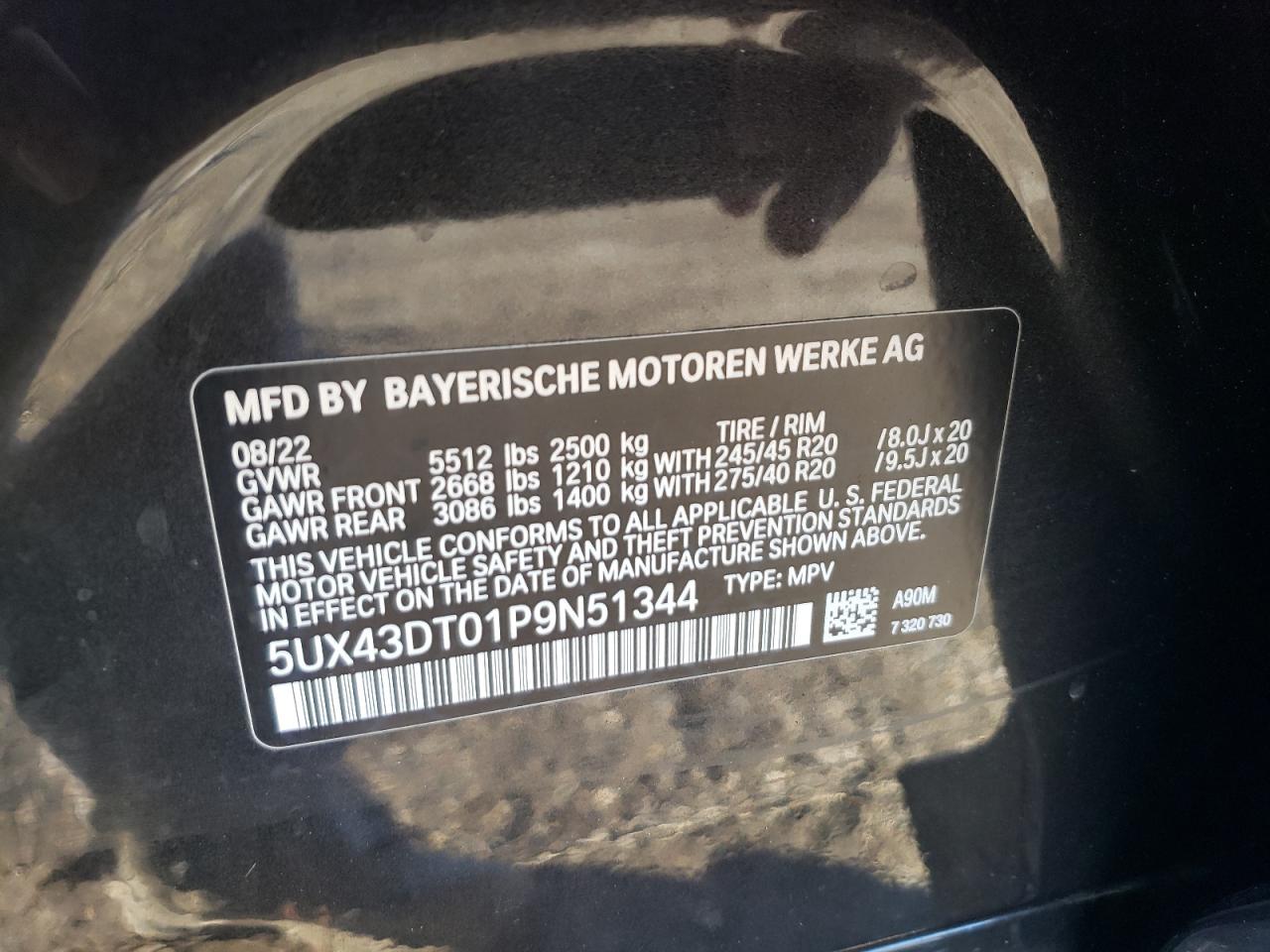 2023 BMW X4 M40I VIN:5UX43DT01P9N51344