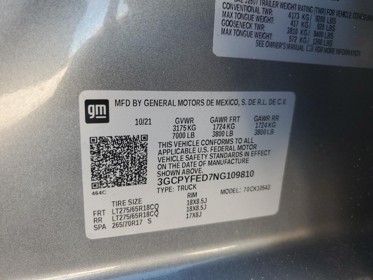 2022 CHEVROLET SILVERADO LTD K1500 LT TRAIL BOSS VIN:3GCPYFED7NG109810