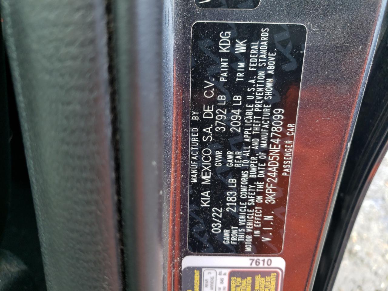 2022 KIA FORTE FE VIN:3KPF24AD5NE478099