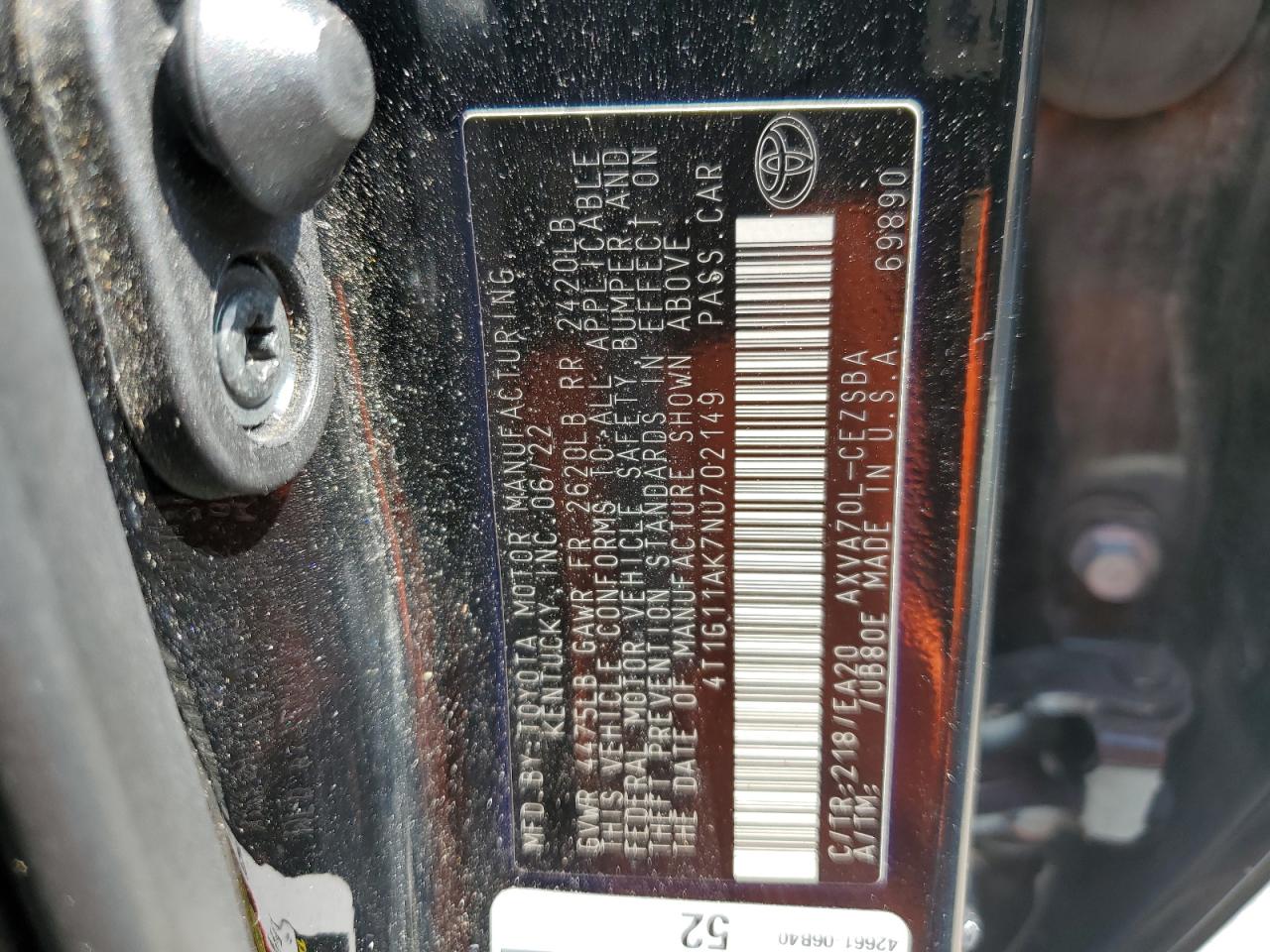 2022 TOYOTA CAMRY SE VIN:4T1G11AK7NU702149