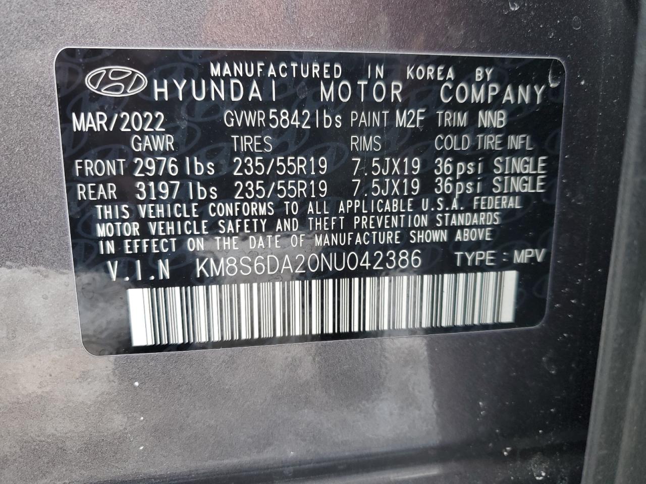 2022 HYUNDAI SANTA FE SEL VIN:KM8S6DA20NU042386