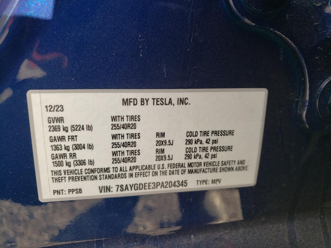 2023 TESLA MODEL Y  VIN:7SAYGDEE3PA204345