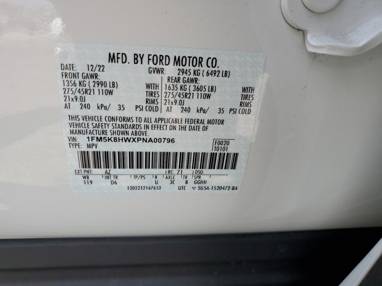 2023 FORD EXPLORER PLATINUM VIN:1FM5K8HWXPNA00796