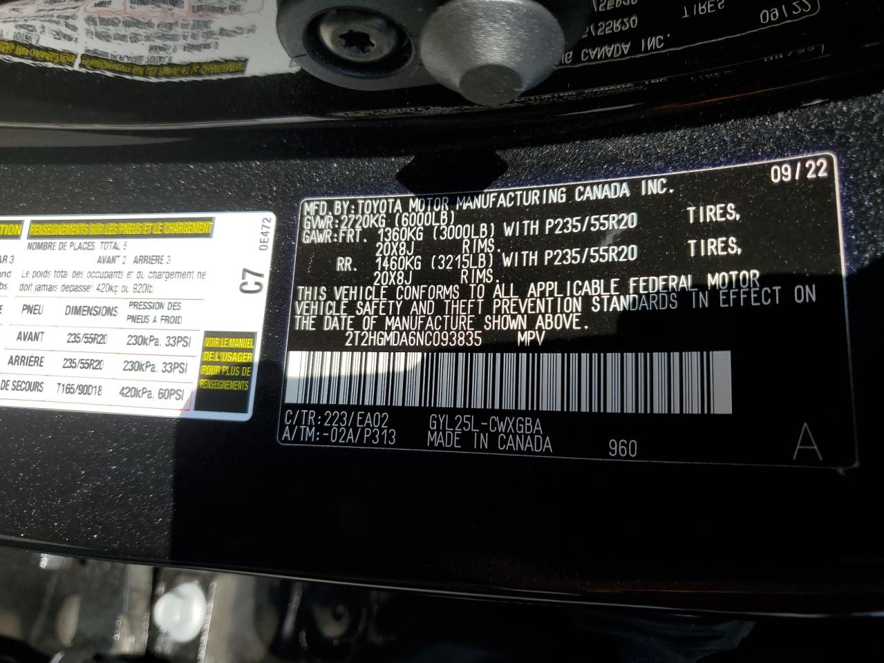 2022 LEXUS RX 450H VIN:2T2HGMDA6NC093835