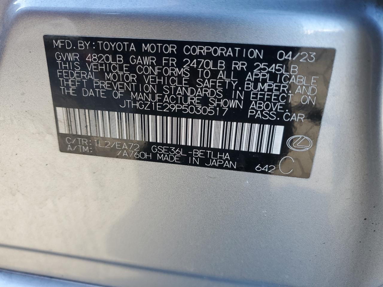 2023 LEXUS IS 350 F SPORT VIN:JTHGZ1E29P5030517