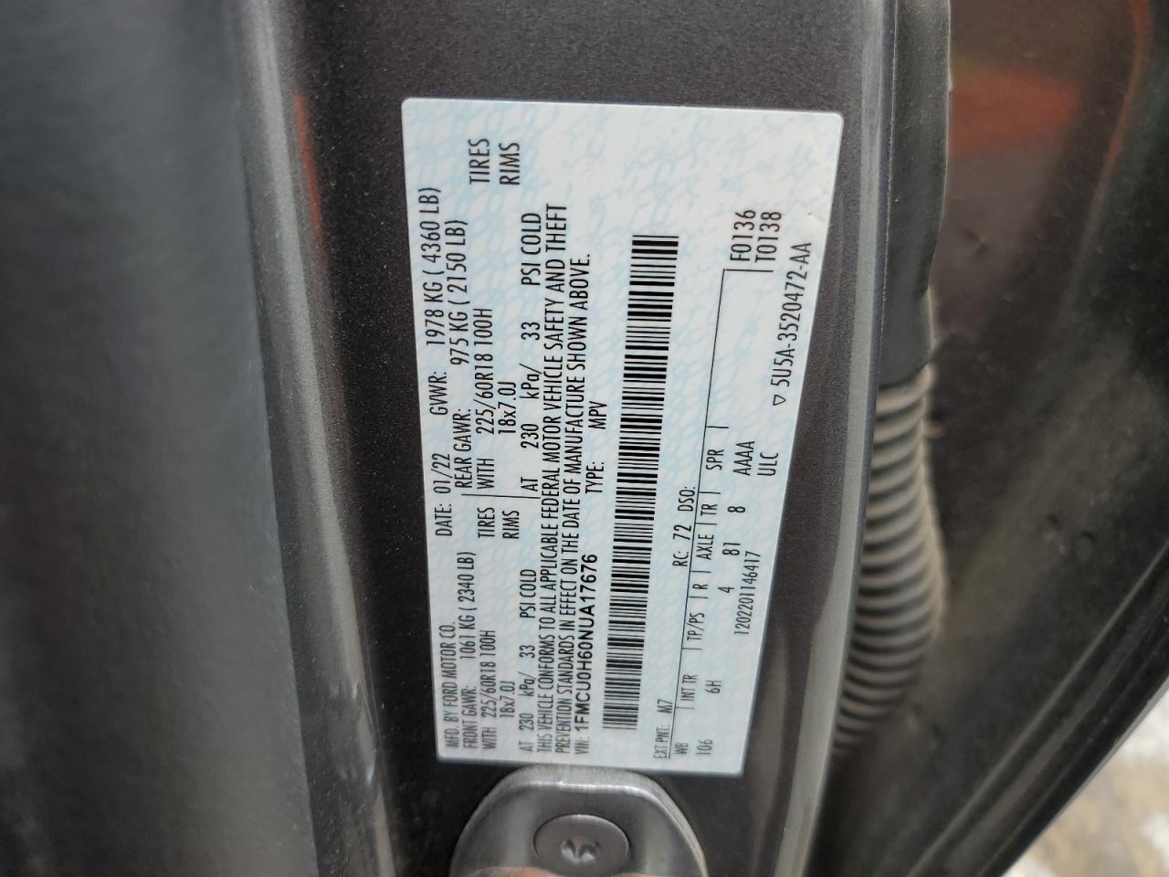 2022 FORD ESCAPE SEL VIN:1FMCU0H60NUA17676