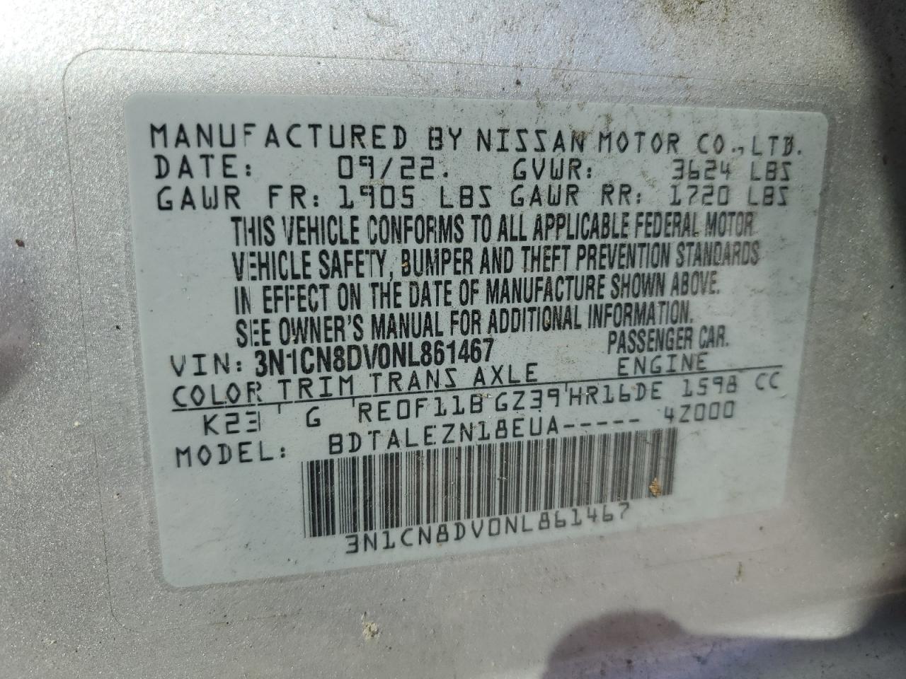 2022 NISSAN VERSA S VIN:3N1CN8DV0NL861467