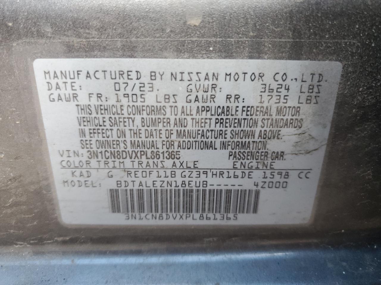 2023 NISSAN VERSA S VIN:3N1CN8DVXPL861365