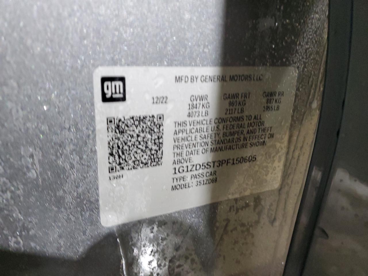 2023 CHEVROLET MALIBU LT VIN:1G1ZD5ST3PF150605