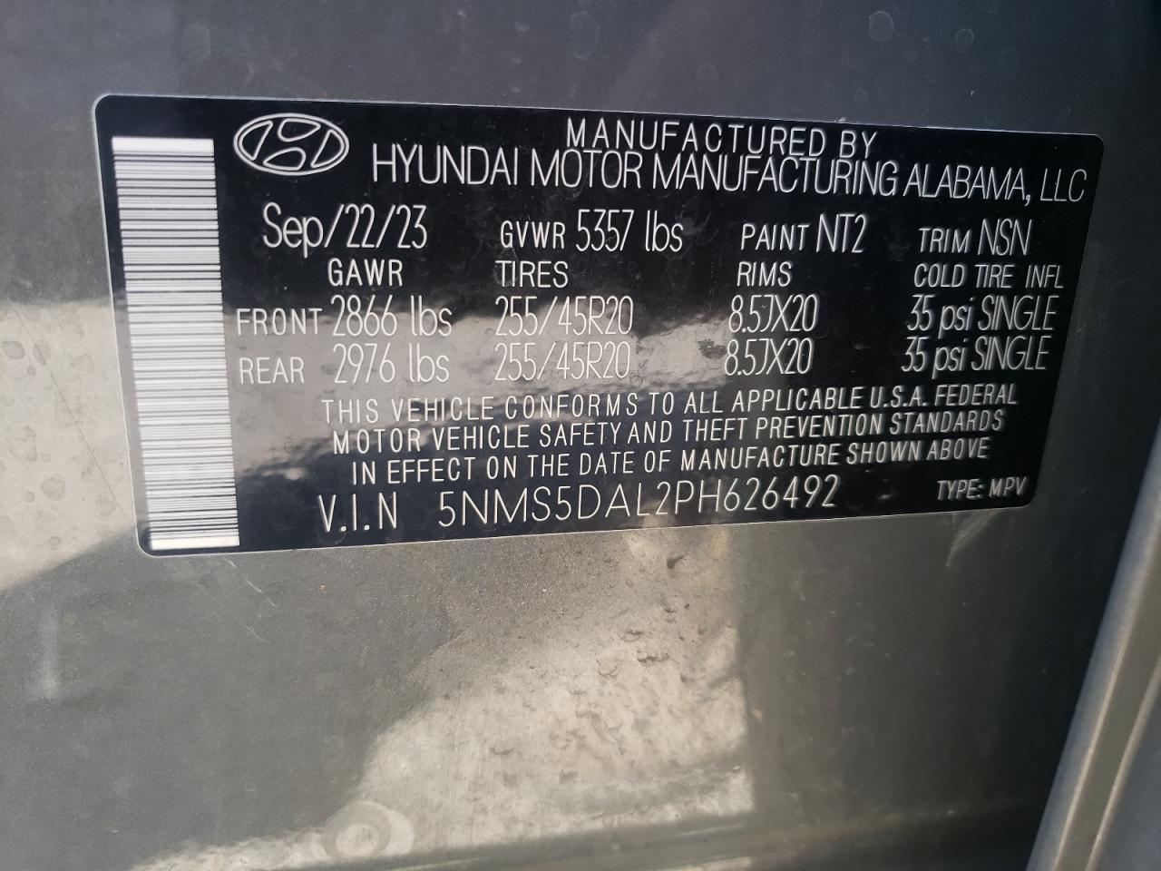 2023 HYUNDAI SANTA FE CALLIGRAPHY VIN:5NMS5DAL2PH626492