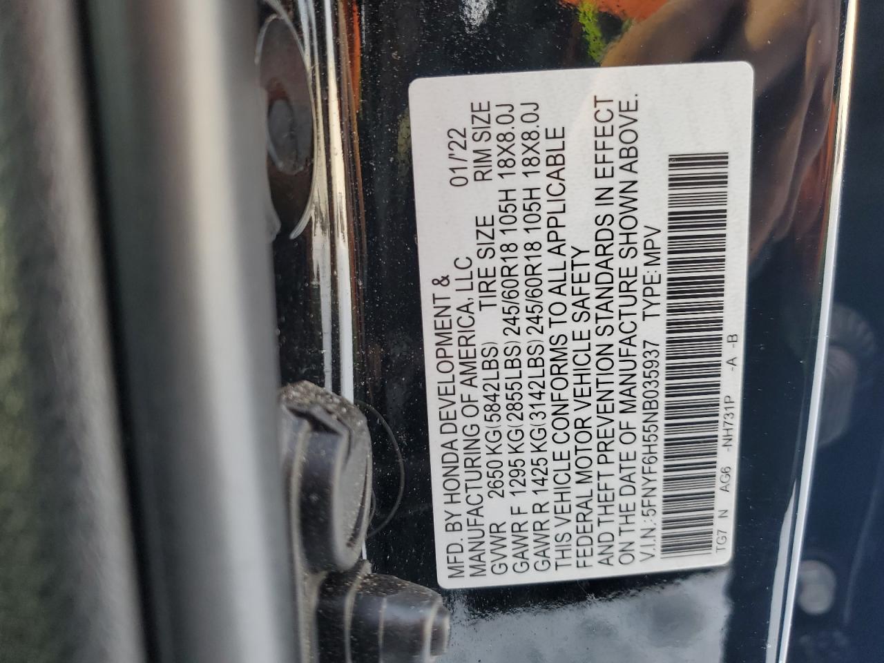 2022 HONDA PILOT EXL VIN:5FNYF6H55NB035937