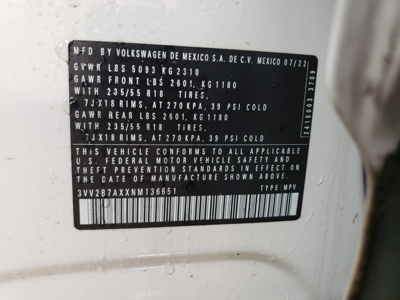 2022 VOLKSWAGEN TIGUAN SE VIN:3VV2B7AXXNM136651