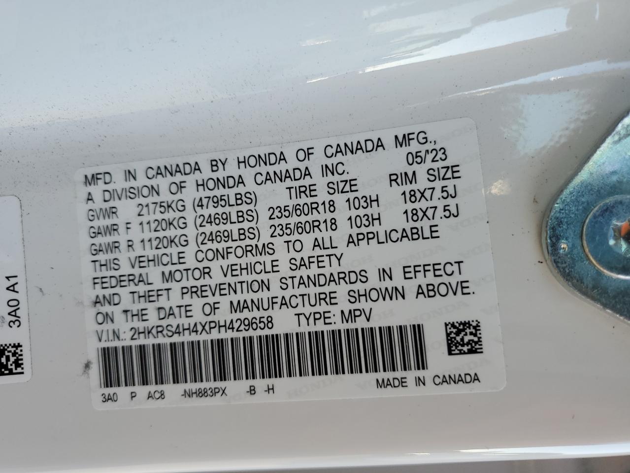 2023 HONDA CR-V EX VIN:2HKRS4H4XPH429658