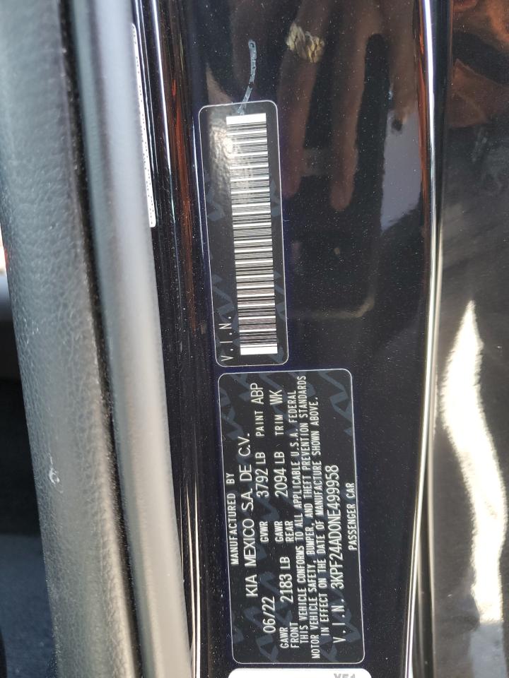2022 KIA FORTE FE VIN:3KPF24AD0NE499958