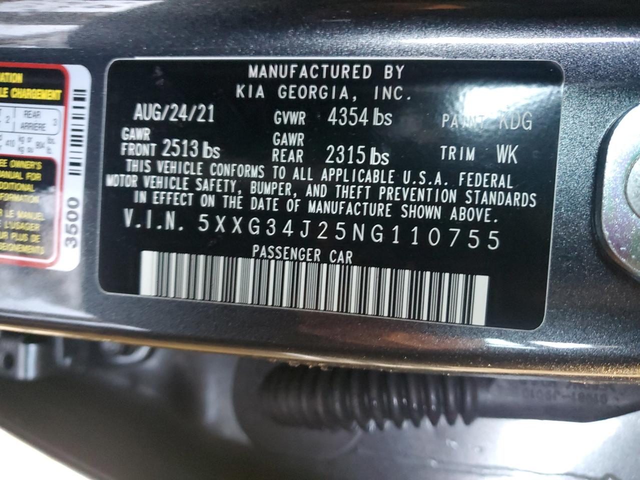 2022 KIA K5 EX VIN:5XXG34J25NG110755