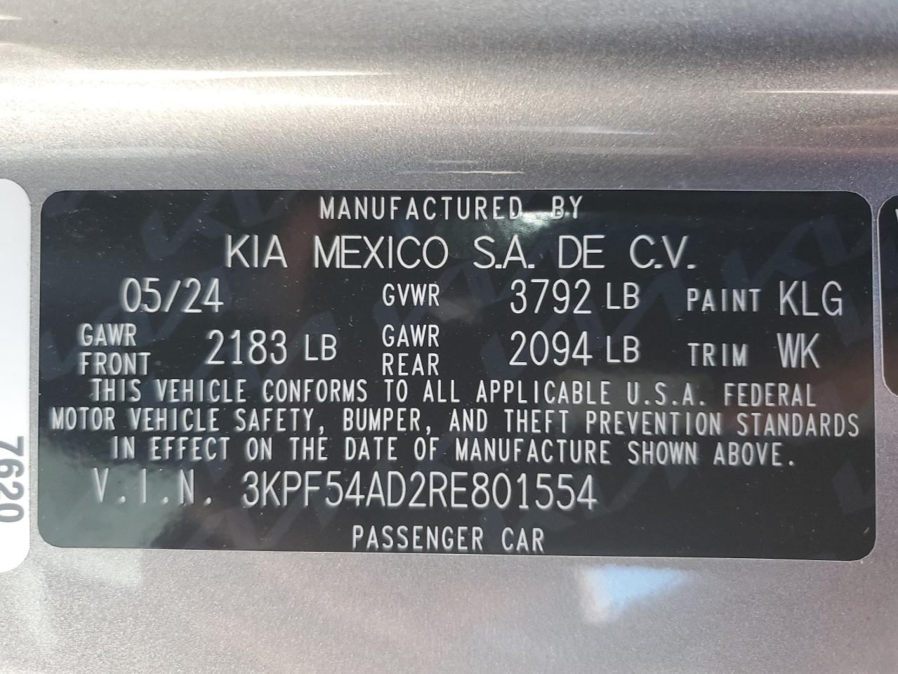 2024 KIA FORTE GT LINE VIN:3KPF54AD2RE801554