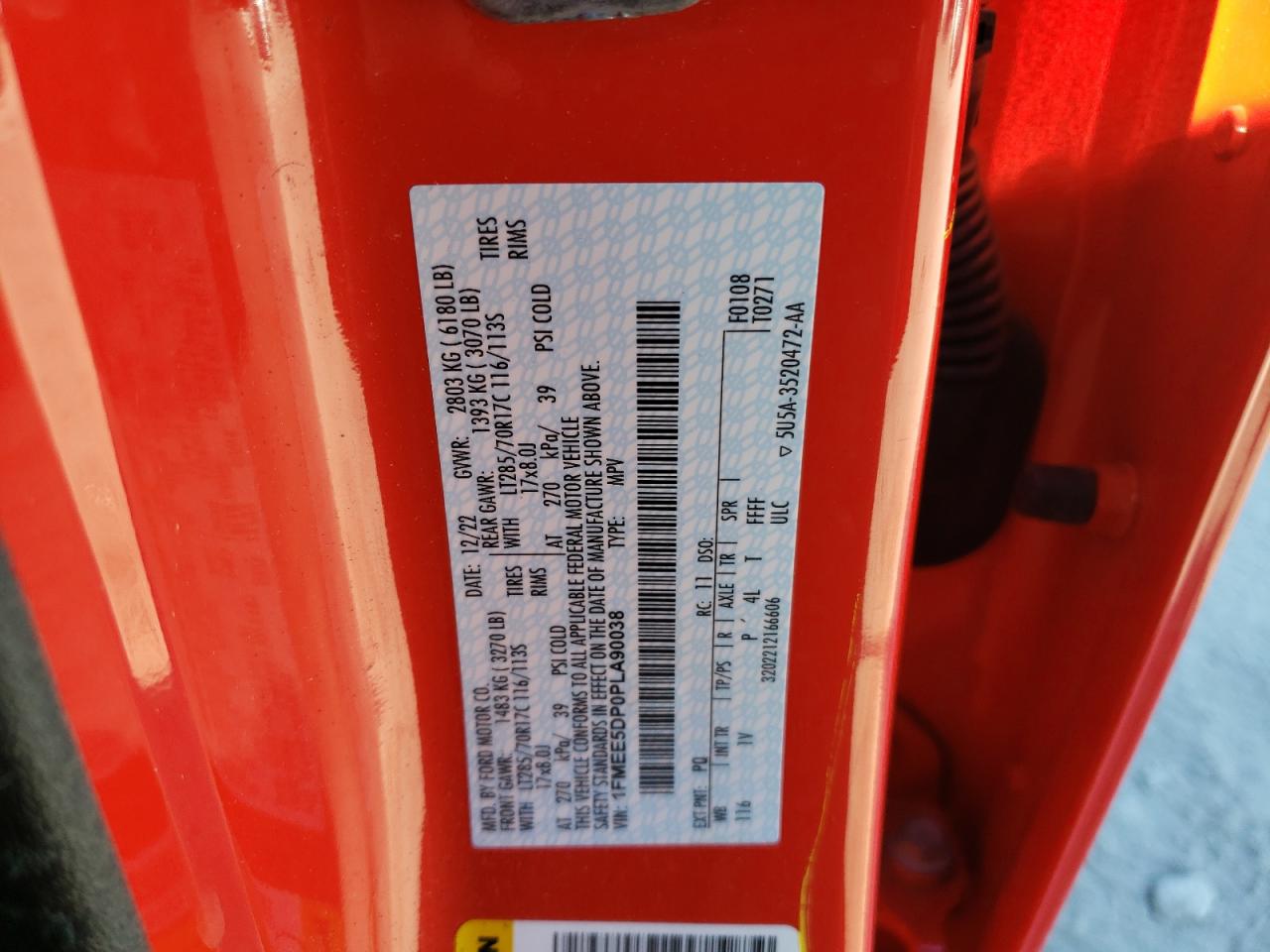 2023 FORD BRONCO BASE VIN:1FMEE5DP0PLA90038