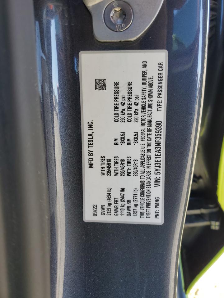 2022 TESLA MODEL 3  VIN:5YJ3E1EA3NF359390