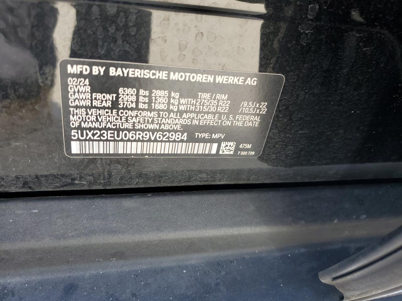 2024 BMW X5 XDRIVE40I VIN:5UX23EU06R9V62984