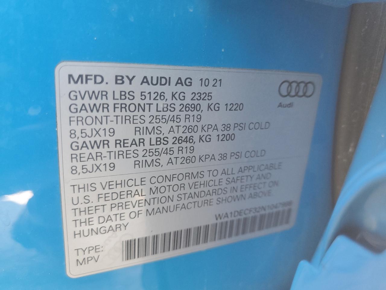 2022 AUDI Q3 PREMIUM S LINE 45 VIN:WA1DECF32N1047998