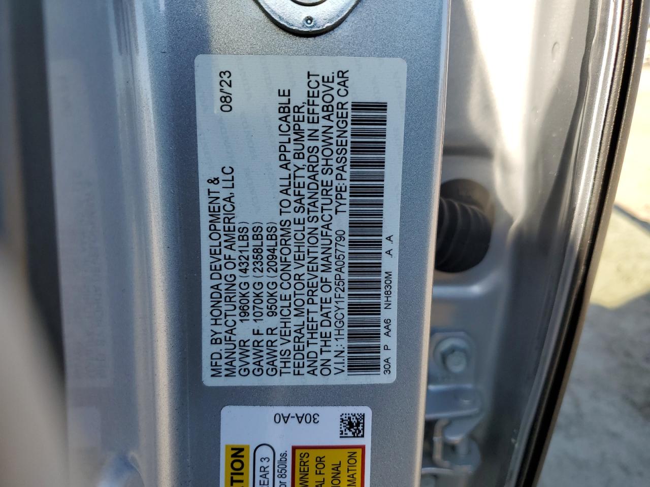 2023 HONDA ACCORD LX VIN:1HGCY1F25PA057790