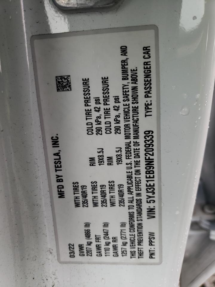 2022 TESLA MODEL 3  VIN:5YJ3E1EB9NF209339