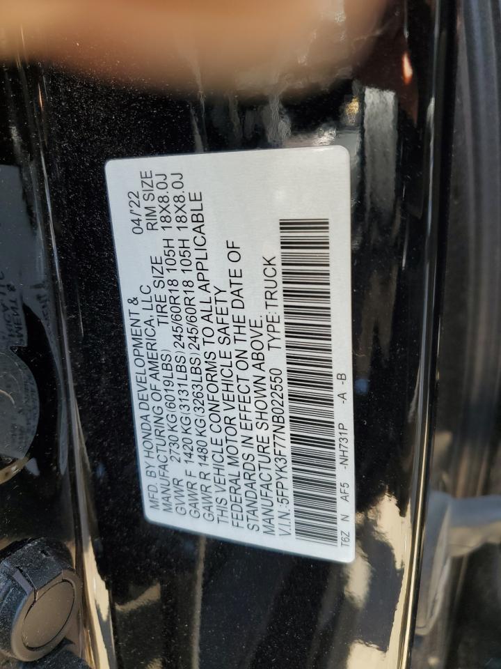 2022 HONDA RIDGELINE RTL VIN:5FPYK3F77NB022550