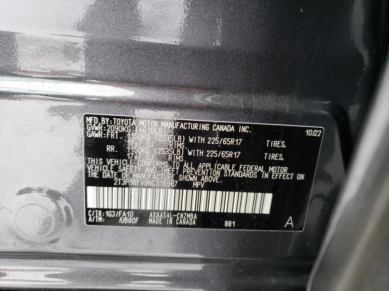 2022 TOYOTA RAV4 XLE VIN:2T3P1RFV9NC316987