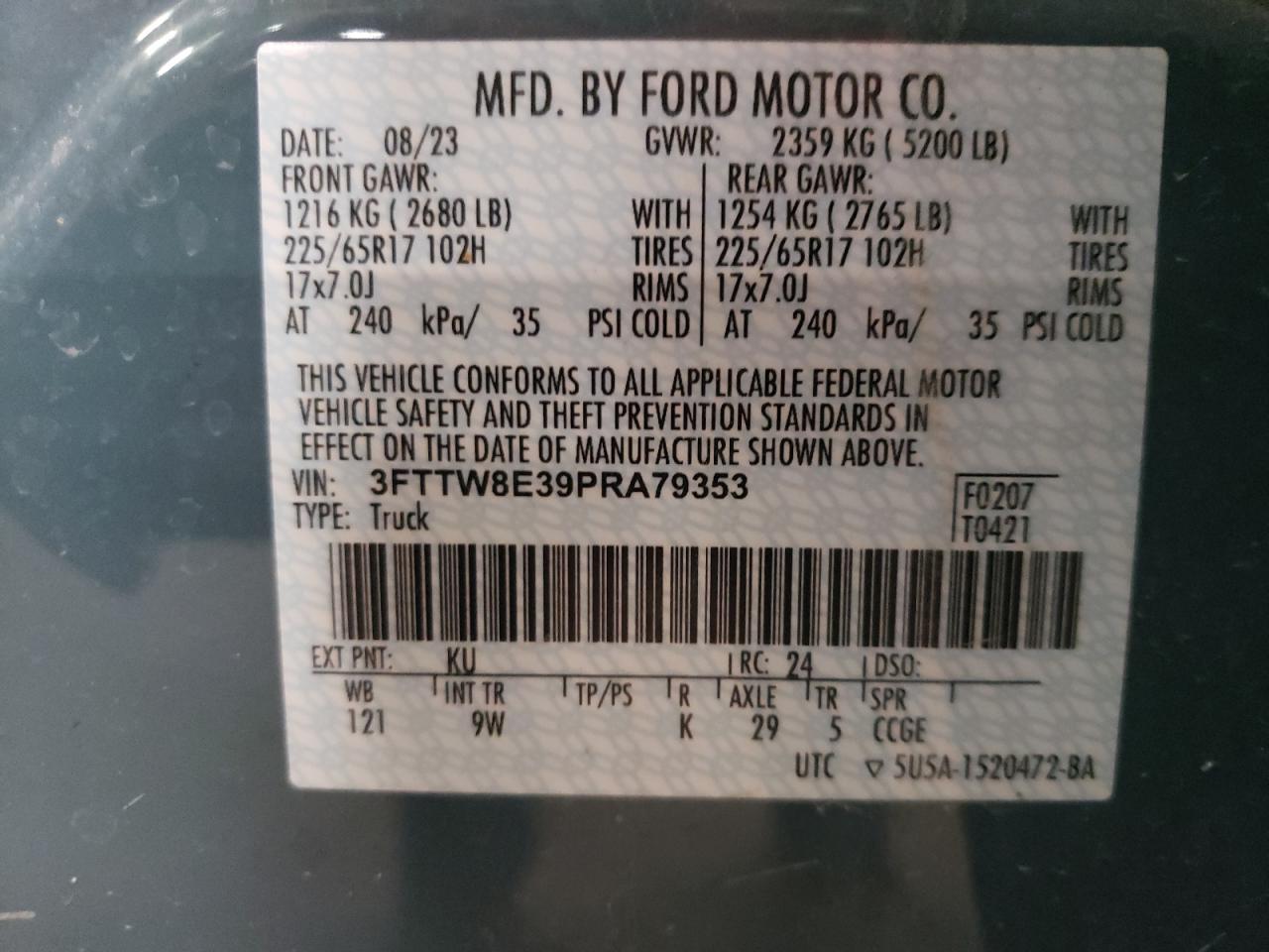 2023 FORD MAVERICK XL VIN:3FTTW8E39PRA79353