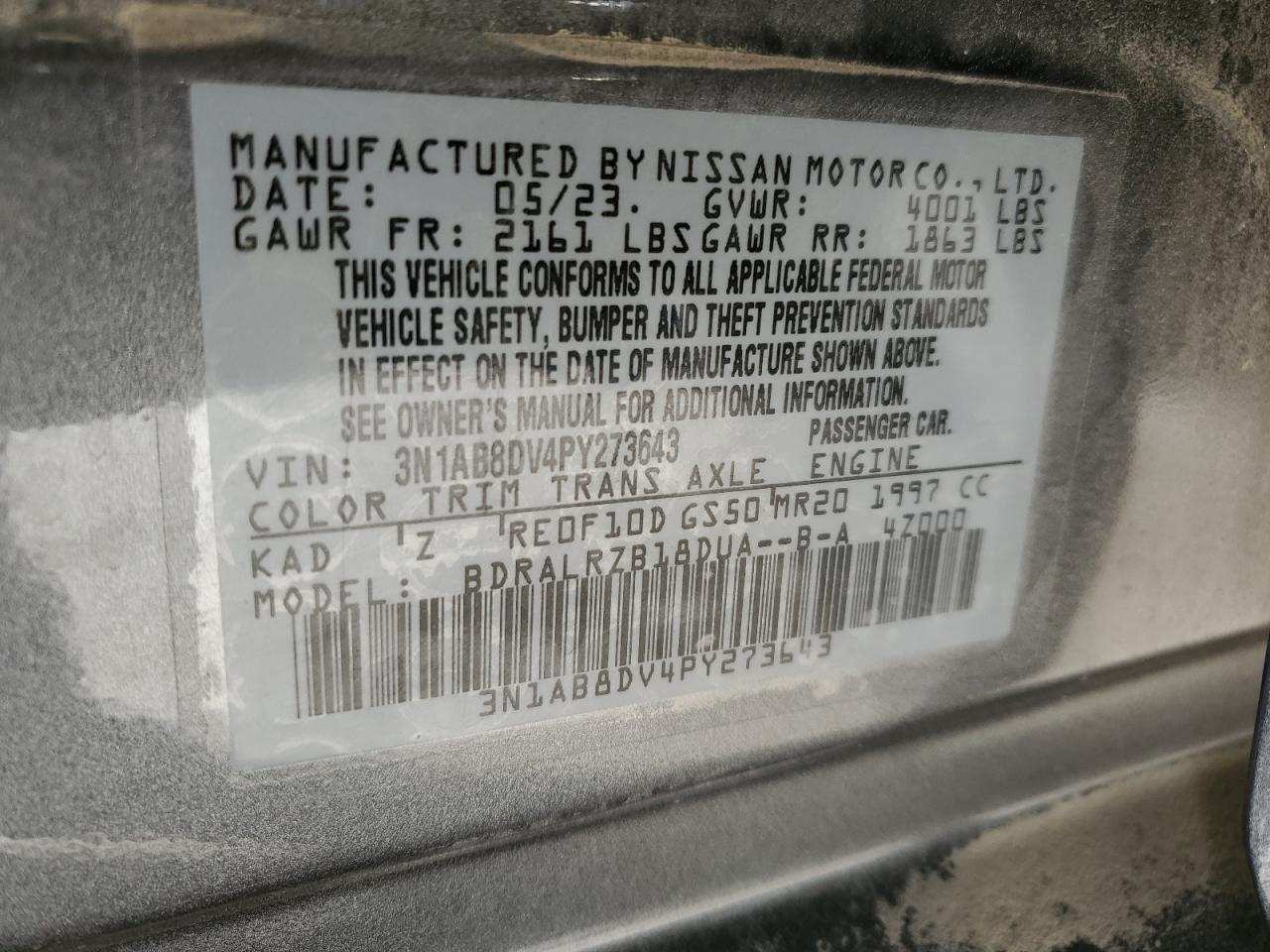 2023 NISSAN SENTRA SR VIN:3N1AB8DV4PY273643