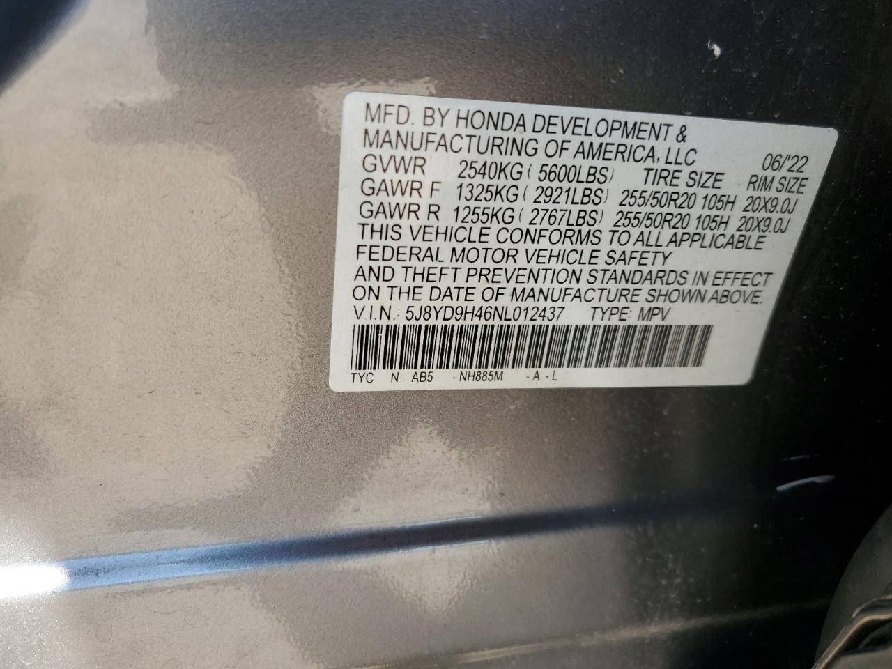 2022 ACURA MDX TECHNOLOGY VIN:5J8YD9H46NL012437