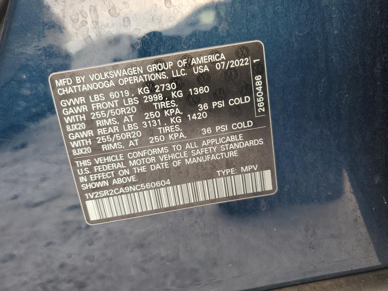 2022 VOLKSWAGEN ATLAS SEL R-LINE VIN:1V2SR2CA9NC560604