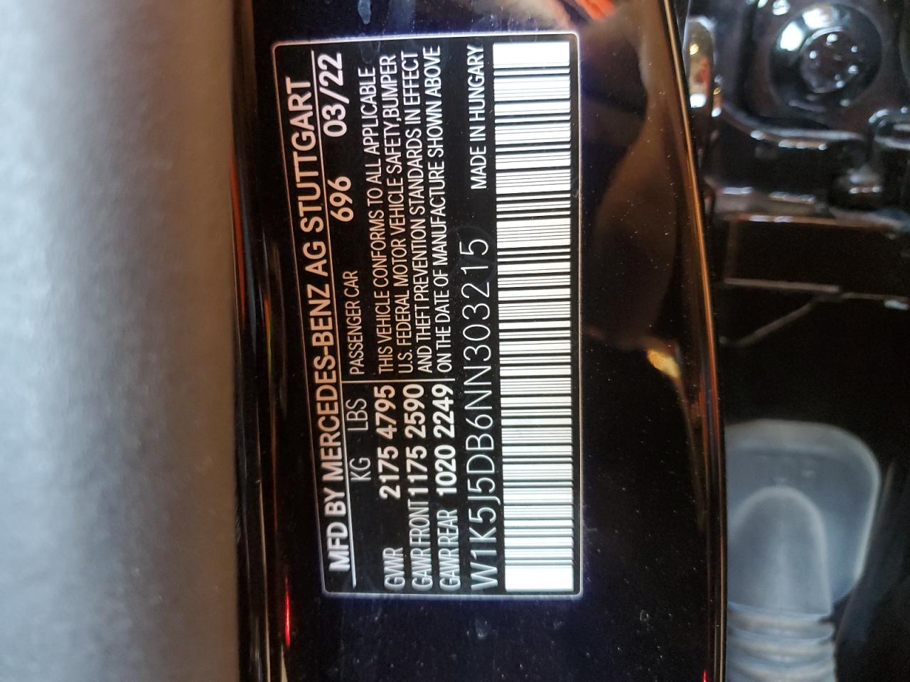 2022 MERCEDES-BENZ CLA 45 AMG VIN:W1K5J5DB6NN303215